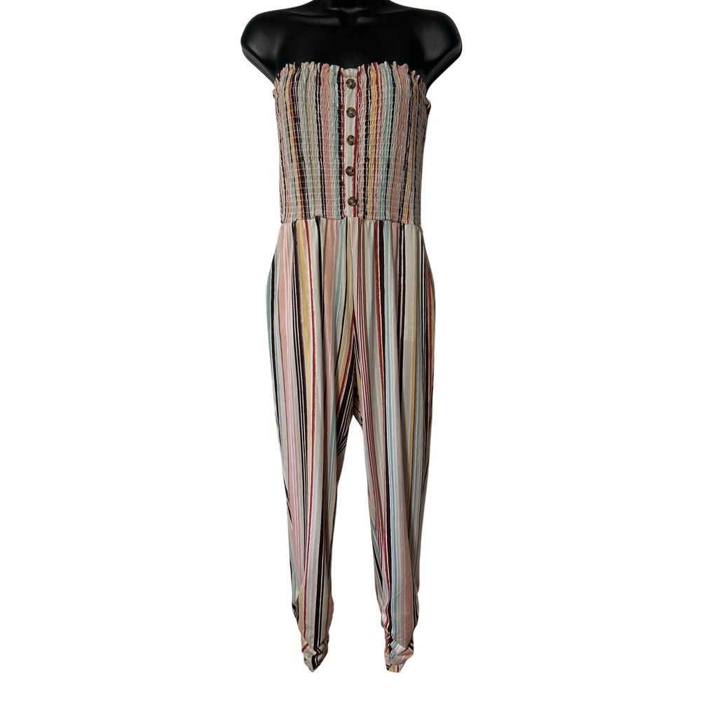Full Circle Trends Womens Large Striped Smocked Strapless Jumpsuit Multicolored